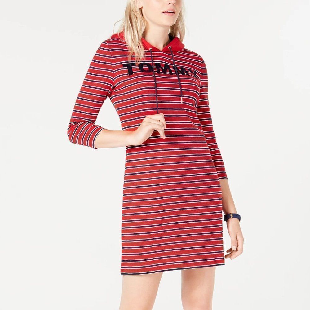 Tommy Hilfiger Striped Hoodie Dress in Red/Black - NEW